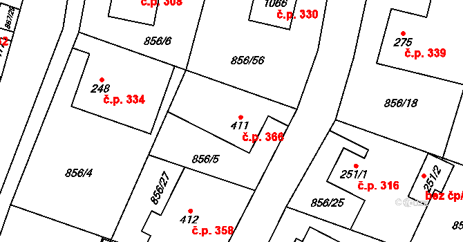 Hanušovice 366 na parcele st. 411 v KÚ Hanušovice, Katastrální mapa