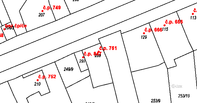 Rudná 751 na parcele st. 209 v KÚ Hořelice, Katastrální mapa