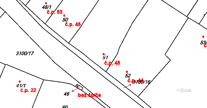Měčín 45 na parcele st. 51 v KÚ Měčín, Katastrální mapa