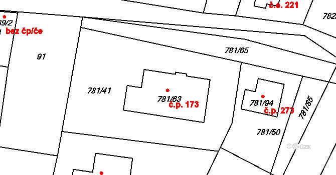 Lhota 173, Plzeň na parcele st. 781/63 v KÚ Lhota u Dobřan, Katastrální mapa