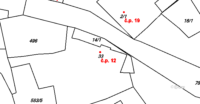 Plískov 12 na parcele st. 33 v KÚ Plískov, Katastrální mapa