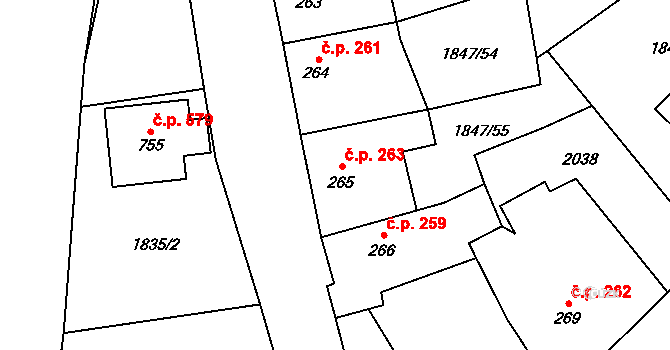 Strašice 263 na parcele st. 265 v KÚ Strašice, Katastrální mapa