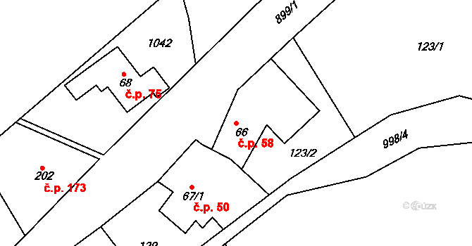 Žďárky 58 na parcele st. 66 v KÚ Žďárky, Katastrální mapa