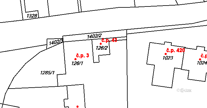 Chvaletice 43 na parcele st. 126/2 v KÚ Telčice, Katastrální mapa