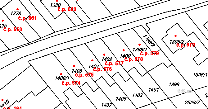 Jedovnice 577 na parcele st. 1402 v KÚ Jedovnice, Katastrální mapa