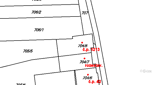 Lobzy 1213, Plzeň na parcele st. 704/8 v KÚ Lobzy, Katastrální mapa