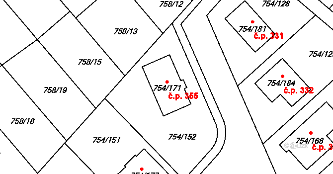 Radslavice 355 na parcele st. 754/171 v KÚ Radslavice u Přerova, Katastrální mapa