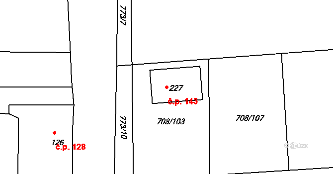 Vršovice 143 na parcele st. 227 v KÚ Vršovice u Loun, Katastrální mapa