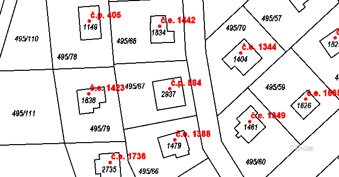 Hradištko 584 na parcele st. 2937 v KÚ Hradištko pod Medníkem, Katastrální mapa
