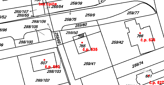 Vysoká nad Labem 535 na parcele st. 765 v KÚ Vysoká nad Labem, Katastrální mapa