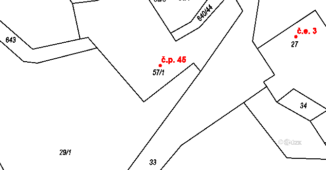 Střížov 45, Chotěboř na parcele st. 57/1 v KÚ Střížov u Chotěboře, Katastrální mapa