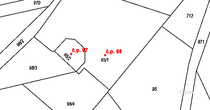 Dlouhá Ves 55, Rychnov nad Kněžnou na parcele st. 65/1 v KÚ Dlouhá Ves u Rychnova nad Kněžnou, Katastrální mapa