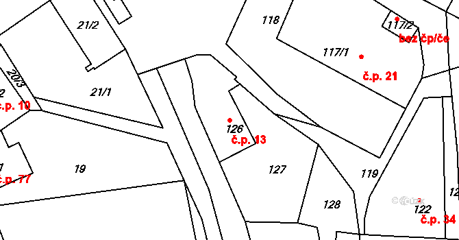 Henčov 13, Jihlava na parcele st. 126 v KÚ Henčov, Katastrální mapa