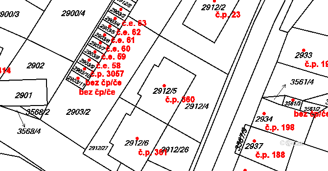 Nosálovice 360, Vyškov na parcele st. 2912/5 v KÚ Vyškov, Katastrální mapa