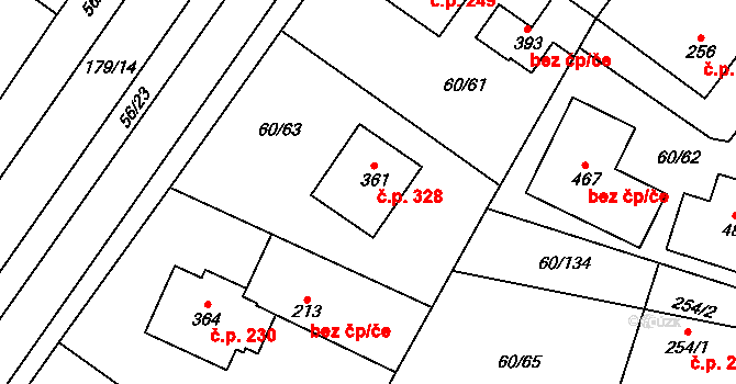 Hovorčovice 328 na parcele st. 361 v KÚ Hovorčovice, Katastrální mapa
