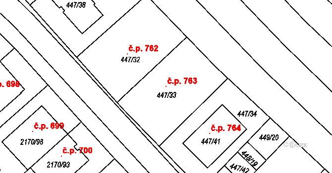 Mikulčice 763 na parcele st. 447/33 v KÚ Mikulčice, Katastrální mapa