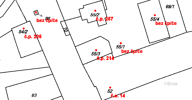 Vrbice 214, Mšené-lázně na parcele st. 55/3 v KÚ Vrbice u Mšeného-lázní, Katastrální mapa
