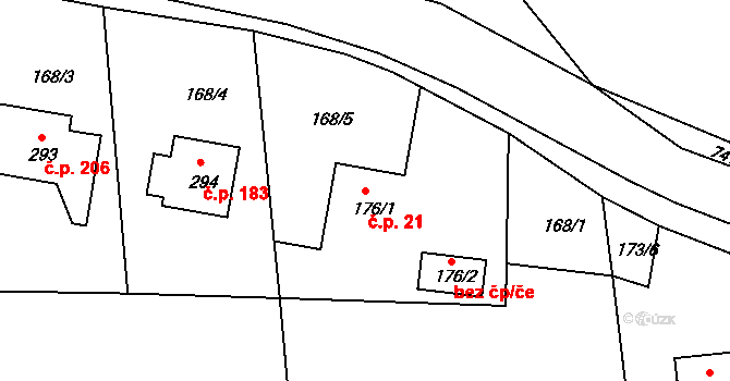 Bystřička 21 na parcele st. 176/1 v KÚ Bystřička II, Katastrální mapa