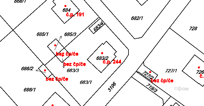 Strkov 244, Planá nad Lužnicí na parcele st. 683/2 v KÚ Planá nad Lužnicí, Katastrální mapa