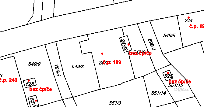 Dymokury 199 na parcele st. 243/1 v KÚ Dymokury, Katastrální mapa