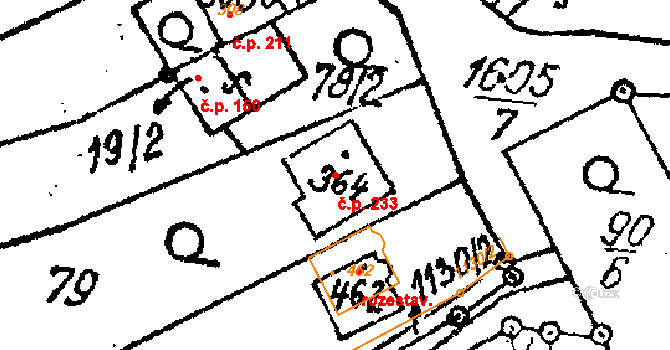 Šebetov 233 na parcele st. 364 v KÚ Šebetov, Katastrální mapa