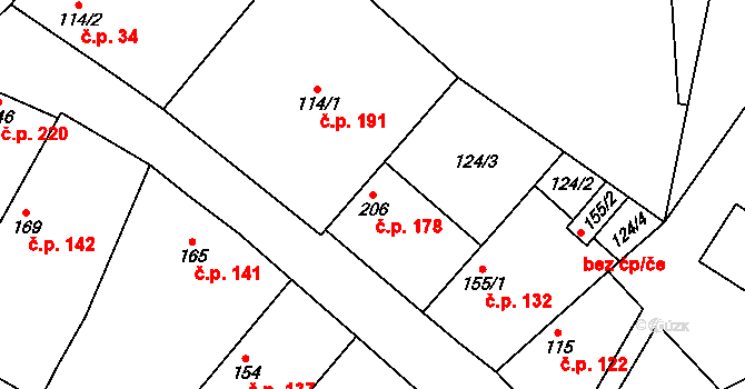 Čečelice 178 na parcele st. 206 v KÚ Čečelice, Katastrální mapa