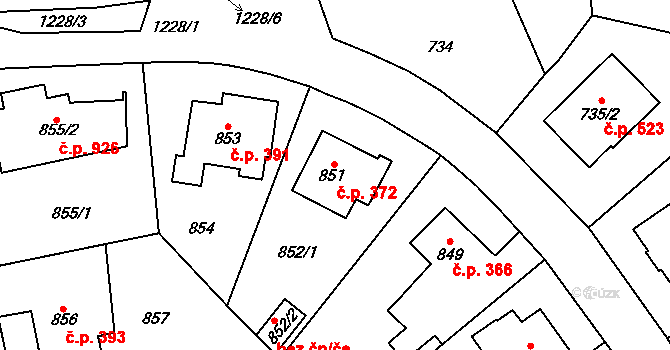 Nebušice 372, Praha na parcele st. 851 v KÚ Nebušice, Katastrální mapa