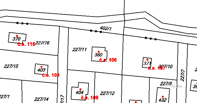 Lhotka 106, Svinaře na parcele st. 360 v KÚ Svinaře, Katastrální mapa