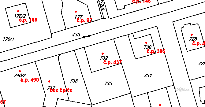 Liberec VII-Horní Růžodol 437, Liberec na parcele st. 732 v KÚ Horní Růžodol, Katastrální mapa