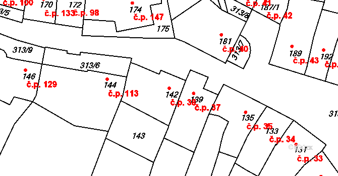 Horákov 38, Mokrá-Horákov na parcele st. 142 v KÚ Horákov, Katastrální mapa