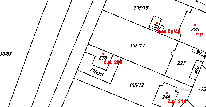 Kojetice 258 na parcele st. 375 v KÚ Kojetice u Prahy, Katastrální mapa