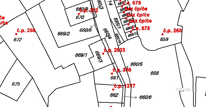Předměstí 2033, Litoměřice na parcele st. 669/3 v KÚ Litoměřice, Katastrální mapa