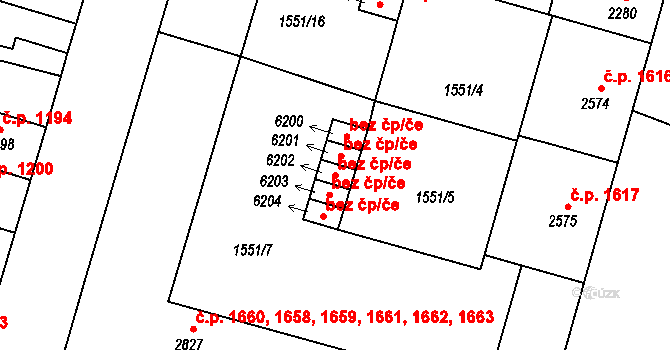 Písek 46216782 na parcele st. 6202 v KÚ Písek, Katastrální mapa