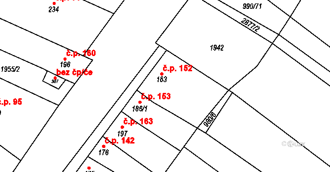 Drysice 152 na parcele st. 183 v KÚ Drysice, Katastrální mapa