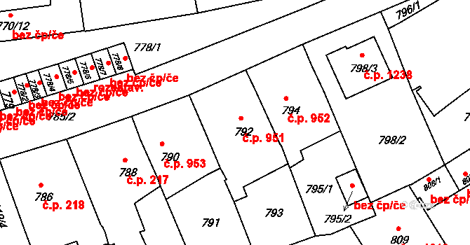 Třešť 951 na parcele st. 792 v KÚ Třešť, Katastrální mapa