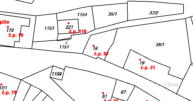Skořice 97 na parcele st. 18 v KÚ Skořice, Katastrální mapa