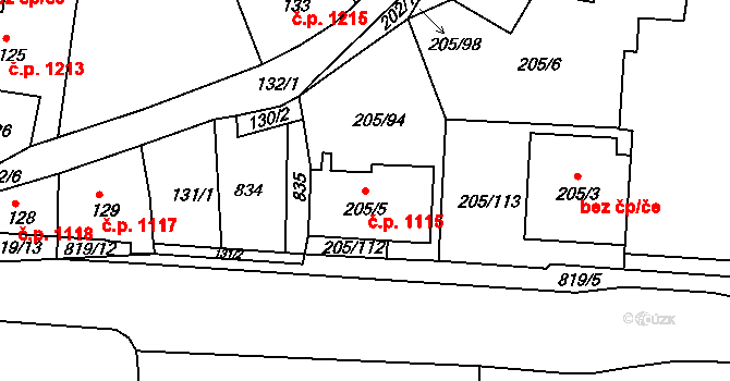 Příbor 1115 na parcele st. 205/5 v KÚ Klokočov u Příbora, Katastrální mapa