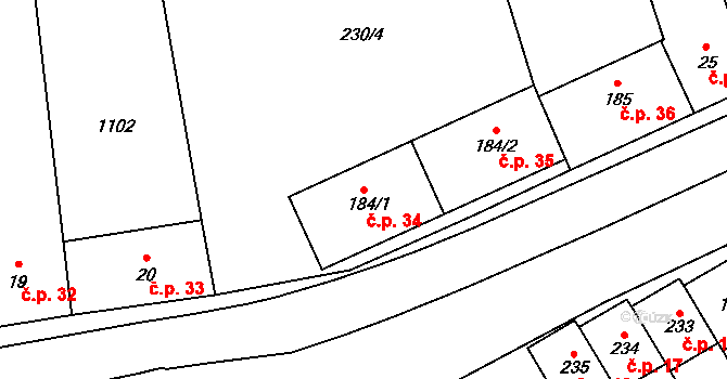 Rychnov nad Malší 34, Dolní Dvořiště na parcele st. 184/1 v KÚ Rychnov nad Malší, Katastrální mapa