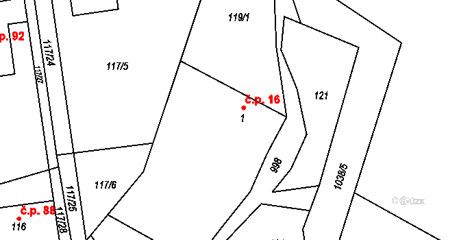 Rynárec 16 na parcele st. 1 v KÚ Rynárec, Katastrální mapa