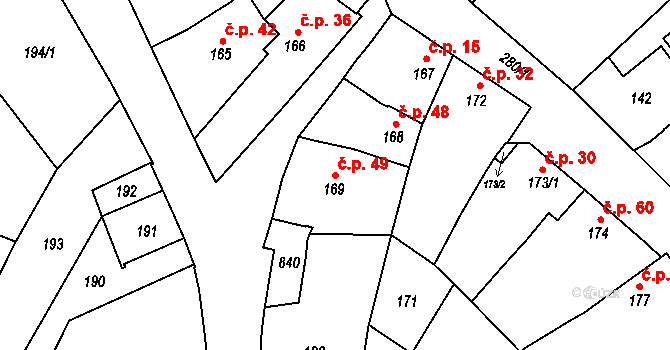 Tetětice 49, Počenice-Tetětice na parcele st. 169 v KÚ Tetětice, Katastrální mapa