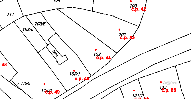 Holešov 44 na parcele st. 102 v KÚ Holešov, Katastrální mapa