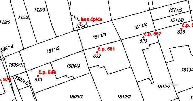 Dobřany 551 na parcele st. 632 v KÚ Dobřany, Katastrální mapa