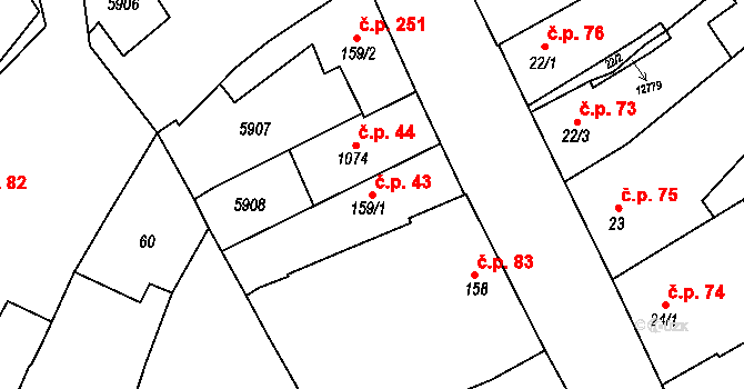 Hrušovany nad Jevišovkou 43 na parcele st. 159/1 v KÚ Hrušovany nad Jevišovkou, Katastrální mapa
