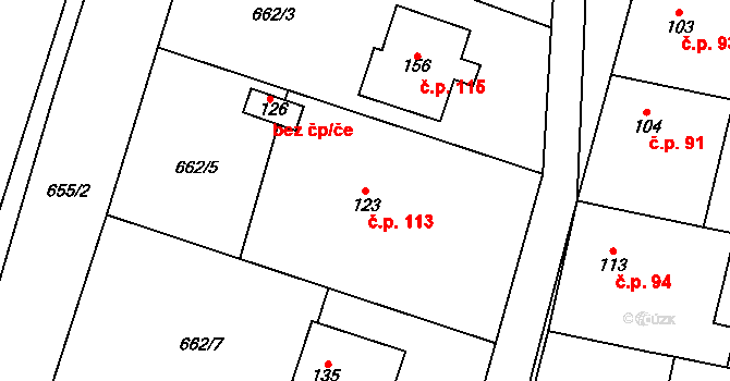 Skoky 113, Dolní Újezd na parcele st. 123 v KÚ Skoky u Staměřic, Katastrální mapa