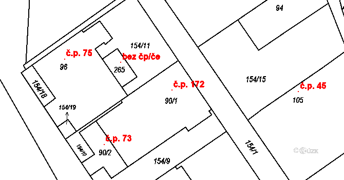 Branná 172, Třeboň na parcele st. 90/1 v KÚ Branná, Katastrální mapa