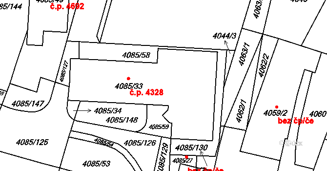 Jihlava 4328 na parcele st. 4085/33 v KÚ Jihlava, Katastrální mapa