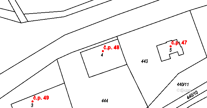 Mezilečí 48 na parcele st. 4 v KÚ Mezilečí, Katastrální mapa