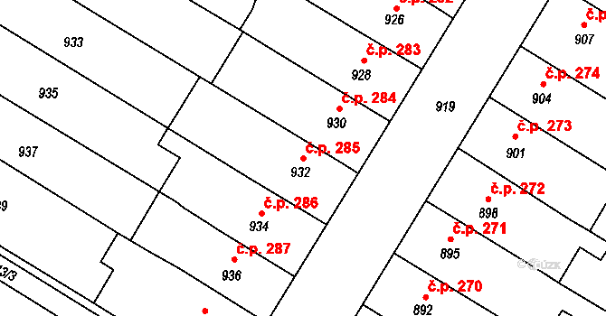 Hrušovany u Brna 285 na parcele st. 932 v KÚ Hrušovany u Brna, Katastrální mapa