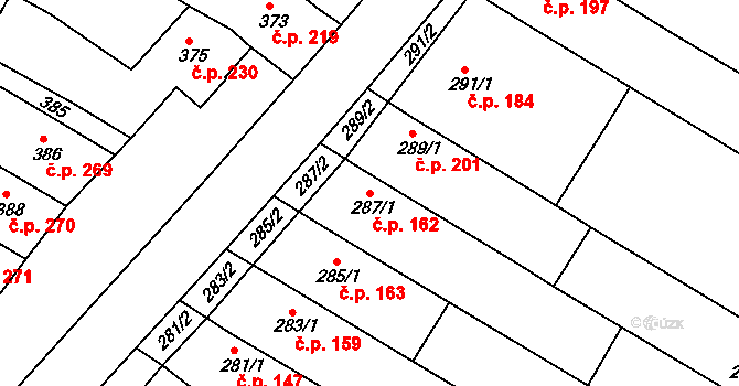 Milokošť 162, Veselí nad Moravou na parcele st. 287/1 v KÚ Milokošť, Katastrální mapa