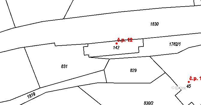 Strženec 12, Bystřice na parcele st. 142 v KÚ Ouběnice u Votic, Katastrální mapa